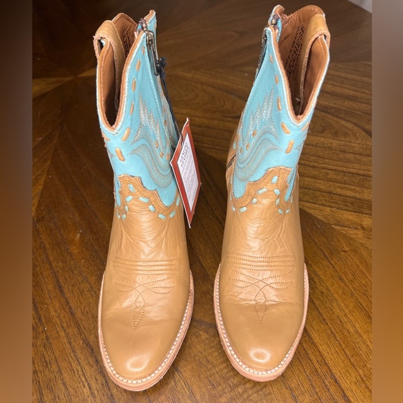 Lucchese Women’s Size 8 Short Western Boots Tan & Turquoise Leather NWT - Picture 3 of 10
